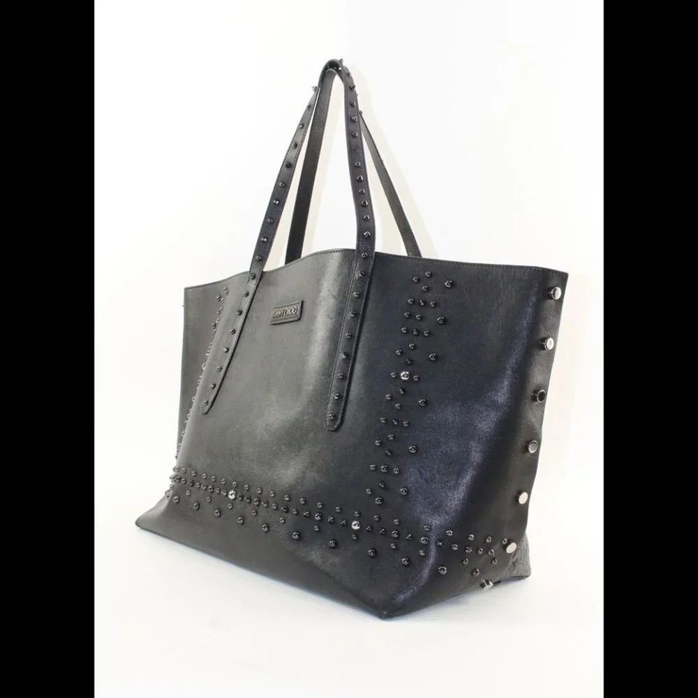 JIMMY CHOO Black Leather Studded Tote Spike Grommet Rivet 4JC1220K